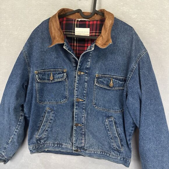 Vintage Geoffrey Beene Flannel Plaid Lined Denim Jacket Leather Collar Men's M - Picture 1 of 16
